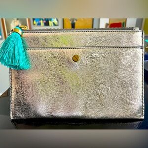 J. Crew Pebbled Metallic Leather with Teal Tassel Pouch Clutch NWT